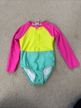 Cat & Jack Colorblock Long-Sleeve One-Piece Swimsuit Hot Pink, Yellow & Teal 4T